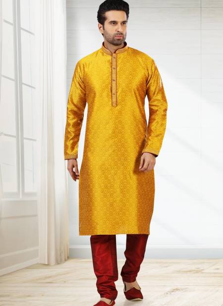 Yellow Colour New Design Jacquard Silk Brocade Festive Wear Latest Kurta Pajama Mens Collection 1219-1004
